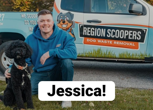 Jessica pictured with her dog and a Region Scoopers work van